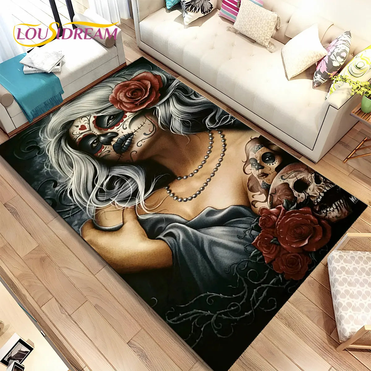 Gothic Horror Female Skull Dead Girl Area Rug,Carpet Rug for Home Living Room Bedroom Sofa Doormat Decor,kids Non-slip Floor Mat