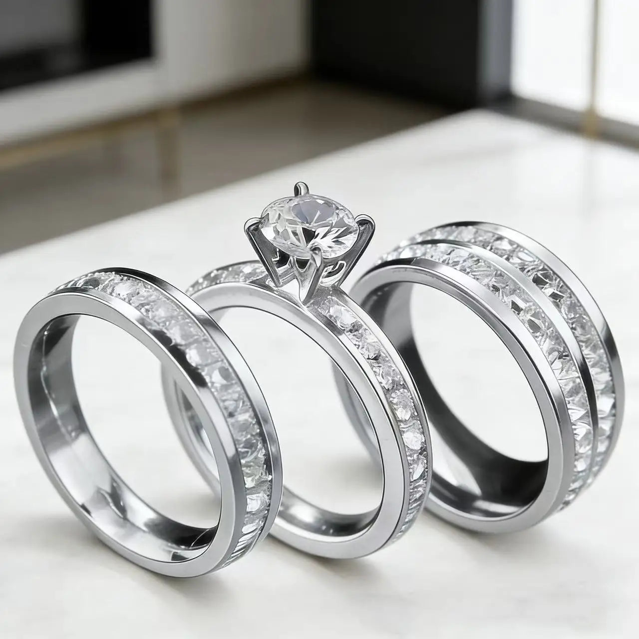 3PCS Set Gold Plated Zirconia (CZ) Wedding Engagement Band Stainless Steel Ring For Women Classic Jewelry Accessories Gift