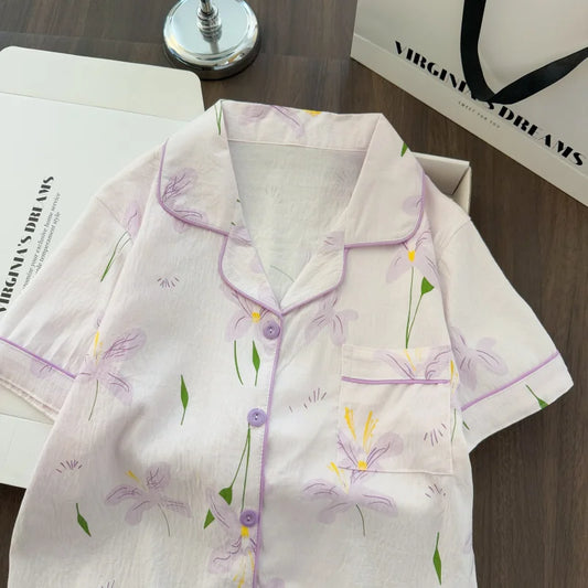 Women Summer Lapel Open Front Pajama Set Short Sleeve Top Shorts, Sweet Ins Teen Loungewear, Casual Daily Outdoor Home Wear Suit