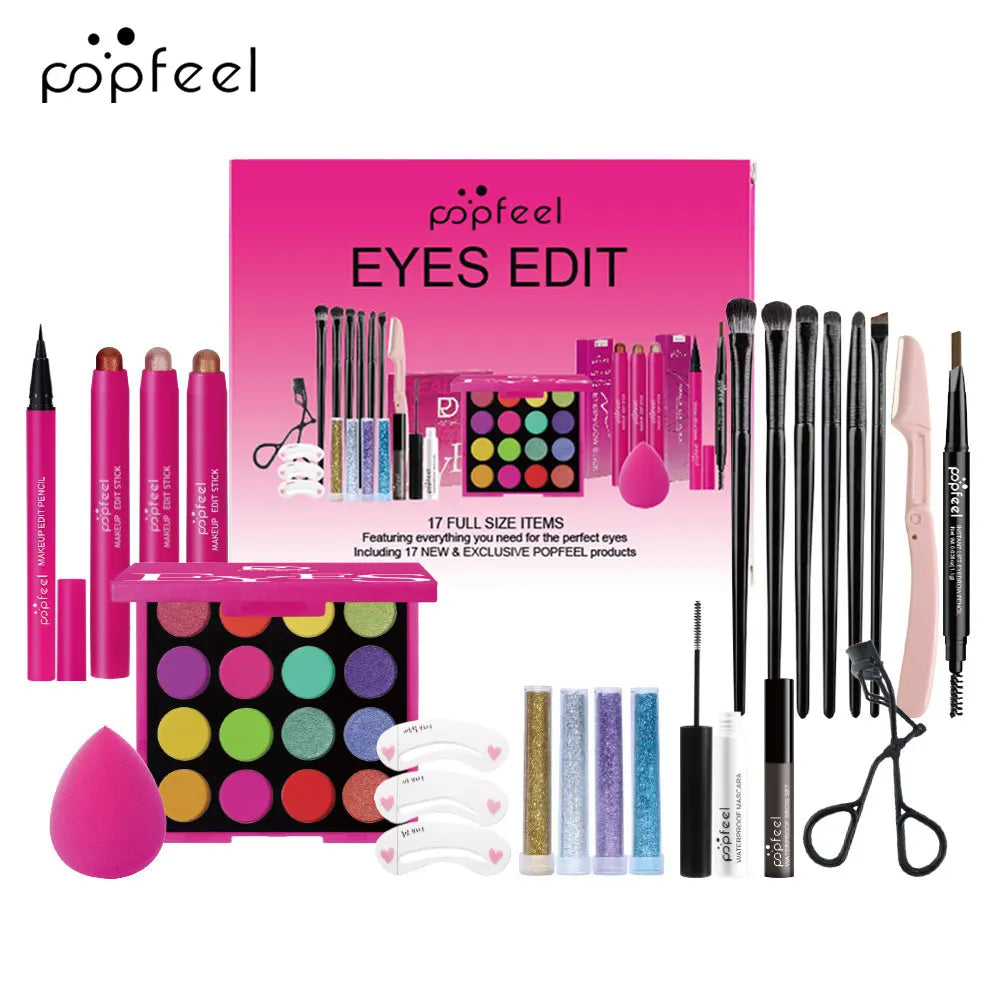 POPFEEL 22-Piece Eye Makeup Set: Includes 16-Color Eyeshadow Palette, Pearl Shimmer, Eyeshadow, Brow Tint, Black Eyeliner