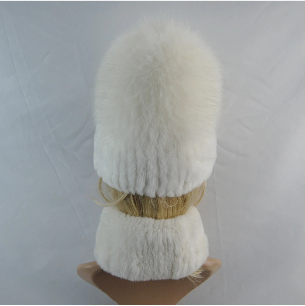 New Winter Lady Brand Hand Make Real Genuine Fox Fur Hat Scarf Girls Natural Real Rex Rabbit Fur Ring Cap Real Fur Scarves Hats