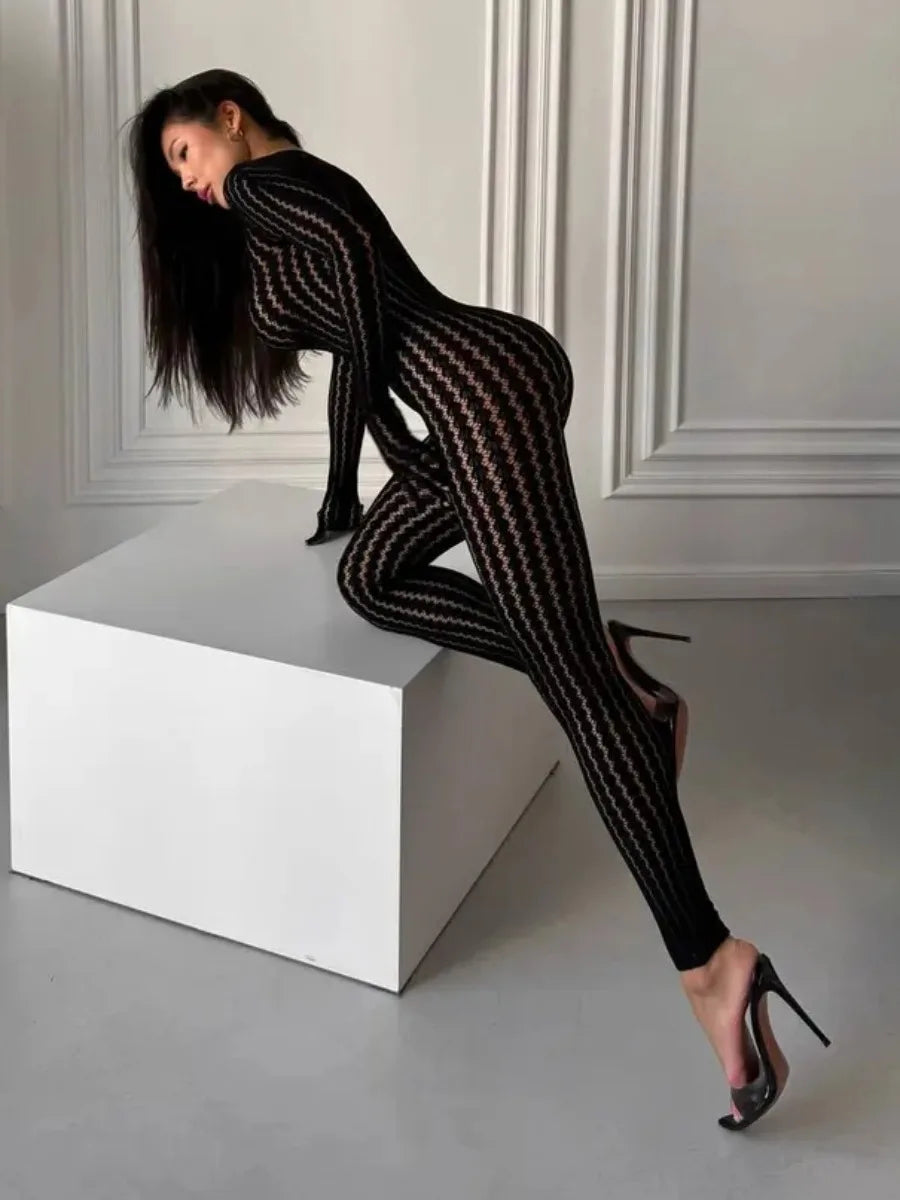 Women's Burgundy Sheer Lace Jumpsuit Long Sleeve Bodycon One Piece Romper Openwork Pattern for Party Club Evening Wear