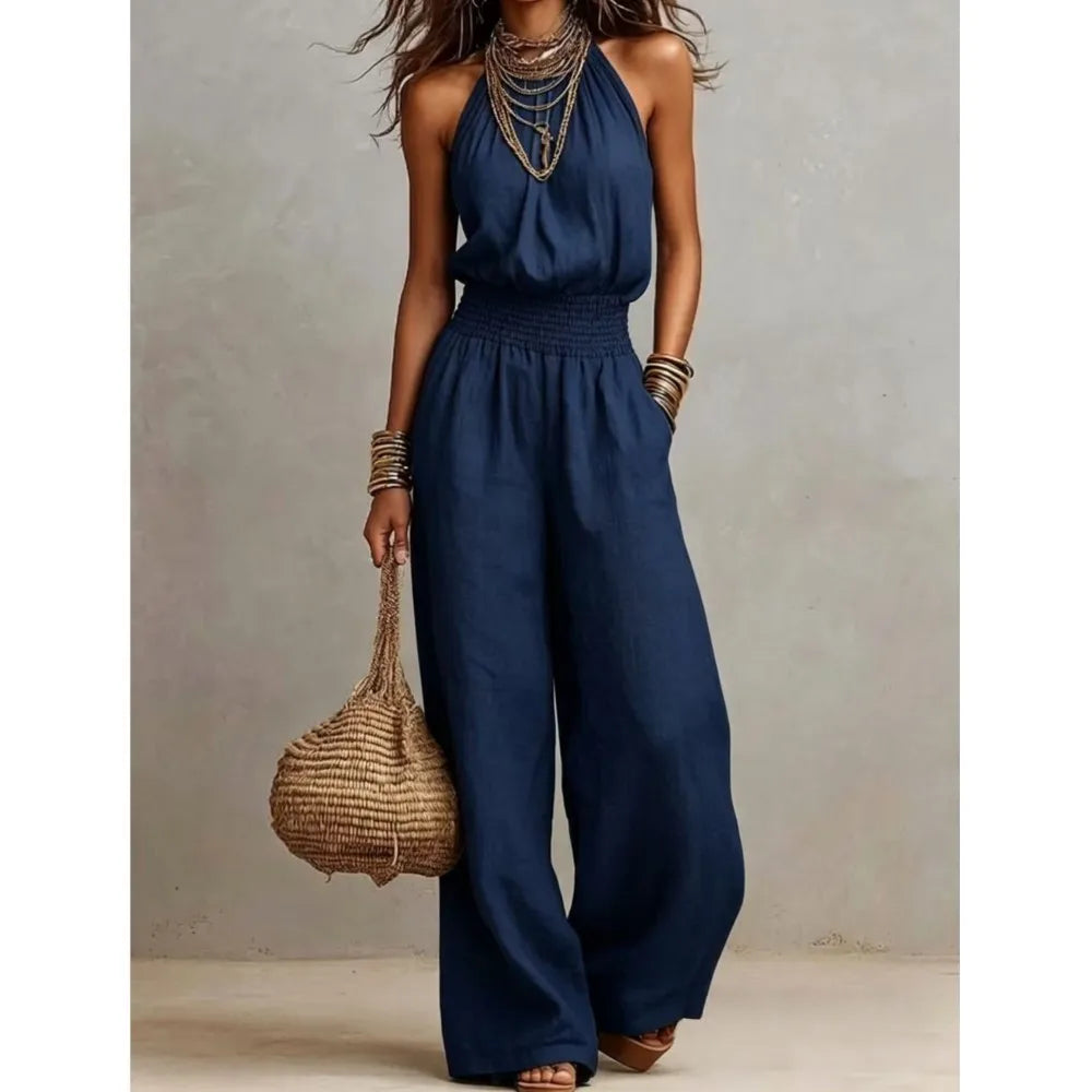 Women's Halter Neck Smocked Linen Blend Jumpsuit Waist Wide Leg Long Romper Casual Sleeveless Summer Beach Vacation Jumpsuits