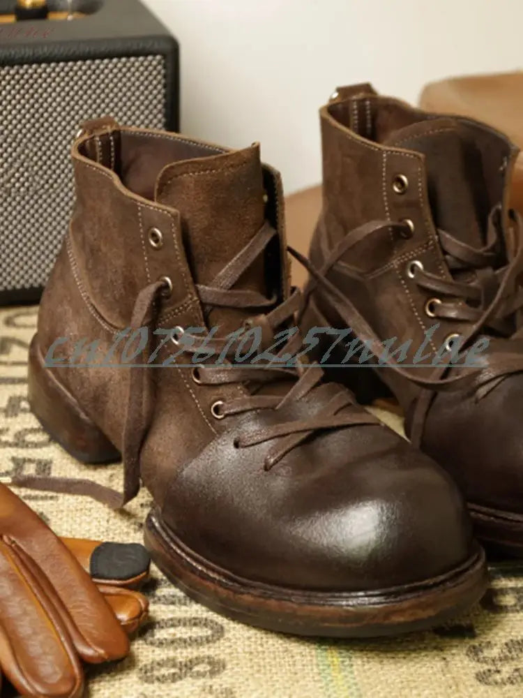 American Retro Style Chunky Leather Work Boots Lace-up Handmade Short Boots for men Thick Sole Men Shoes 2026 Zapatillas Mujer