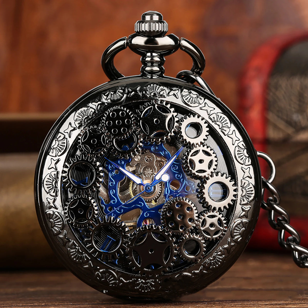 Manual Men's Mechanical Pocket Watch Hollow Design Roman Numerals Vintage Metal Pocket Watch Clock Chain Pendant Blue