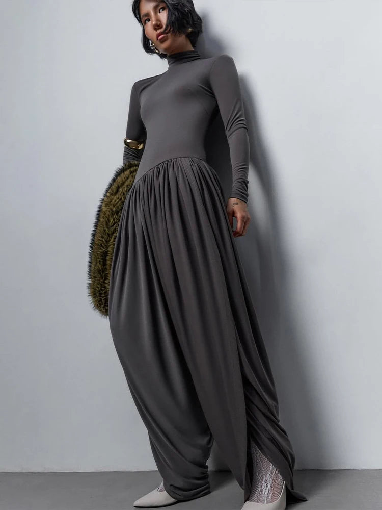 Whatiwear Casual Fashion Jumpsuits Woman Autumn Trend Turtleneck Full Sleeve Ruched Design Daily Simple Office Style Overalls