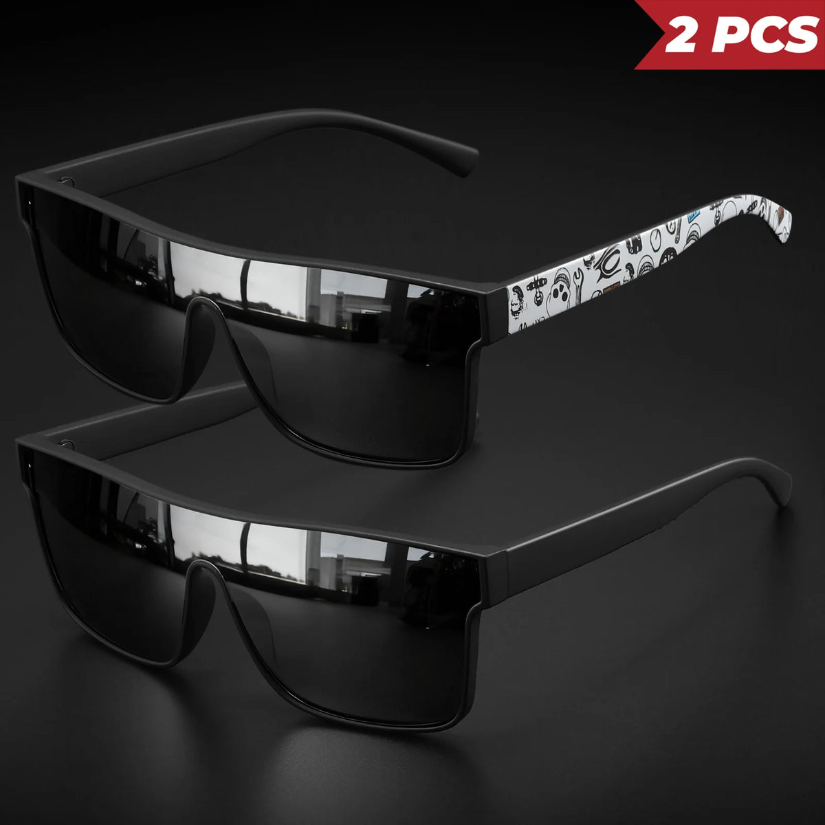 2PCS Classic Fashion Square Sunglasses - Patterned Temples, UV400 Unisex for Cycling, Running & Travel