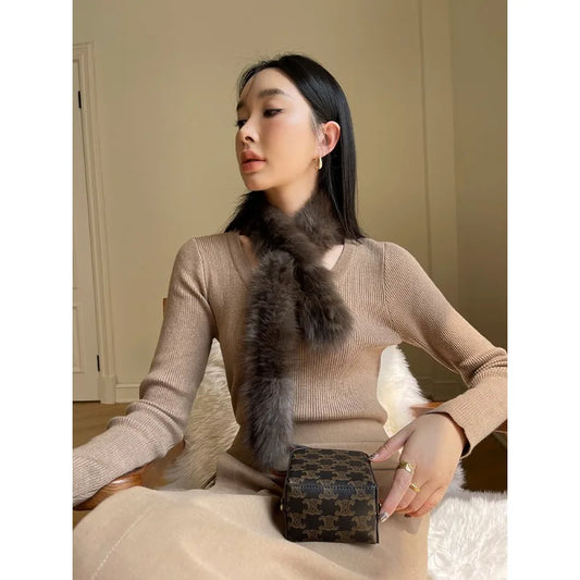 Women sable mink fur scarf winter warm soft fluffy neck wrap fashion accessory