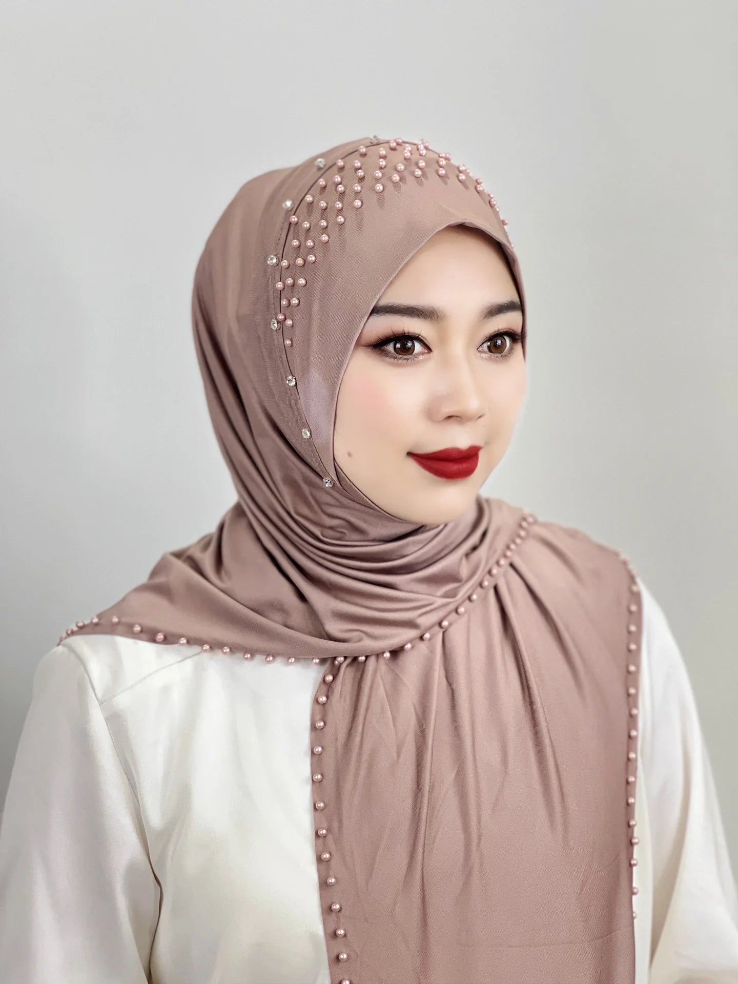 2026 Fashion Versatile Beaded Hijab for Women,Mid-Length Convenient Pull-over Hat Scarf,Malay Shawl Pure Color Women's Headscarf