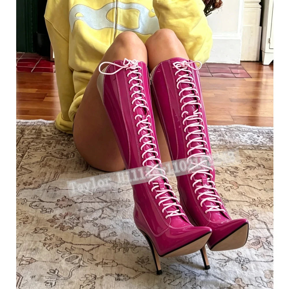 Rose Pink Patent Leather Cross-Strap Boots Women'S Pointed Toe Stiletto Heel Knee-High Boots Trendy Party Evening Boots Autumn