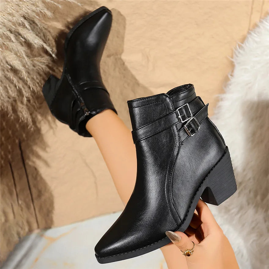 Retro Belt Buckle Women Short Ankle Boots Plus Size 43 Autumn Zipper Soft Leather Square Heel Ladies Pointed Toe Party Shoes New
