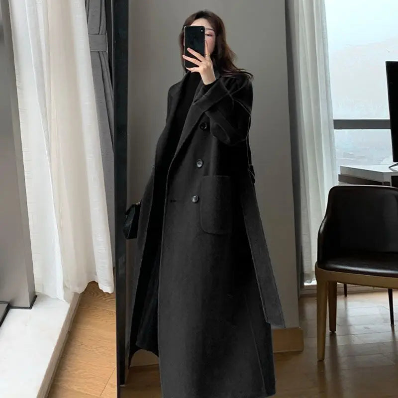 Winter Trench Coat For Women 2026 New Fashion Korean Casual Wool Coat Navy Blue Lace-up Long Jacket Black Woman Coat With Blet