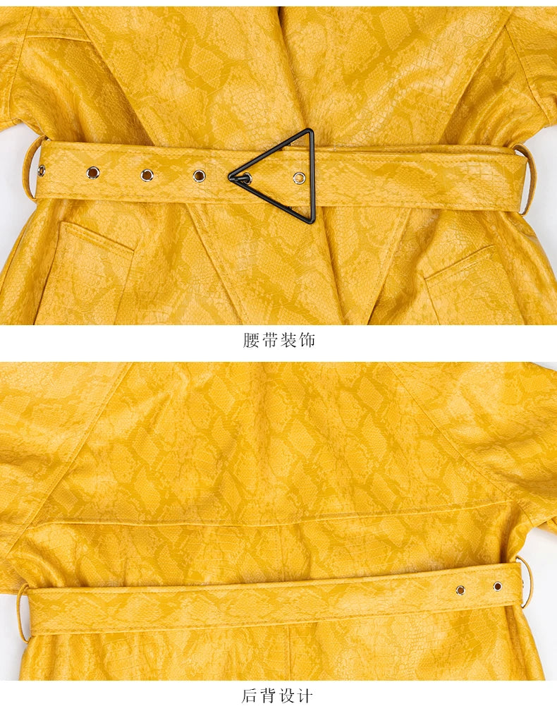 Nerazzurri Spring Autumn Long Oversized Colorful Snakeskin Print Patent Leather Trench Coat for Women Belt Runway Fashion 2022
