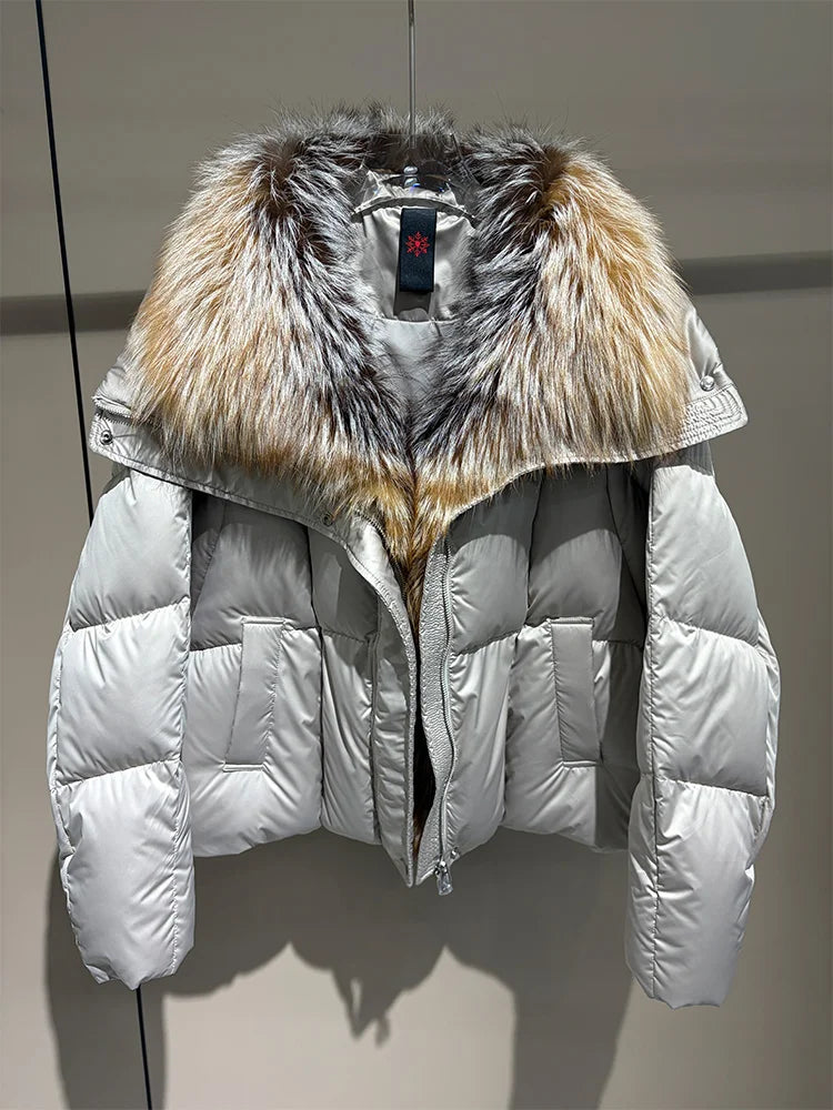 2026 New Winter Warm Women White Goose Down Jacket Real Large Fox Fur Collar Loose Short Puffer Coat Ladies Parka Outerwear