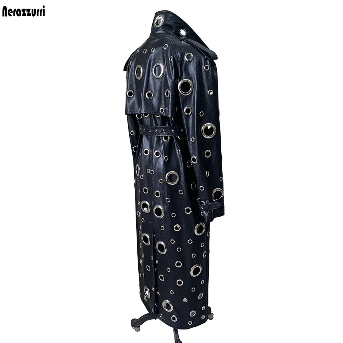 Nerazzurri Autumn Oversized Extra Long Pu Leather Trench Coat for Women Holes Hollow Out Luxury Designer Emo Streetwear Overcoat