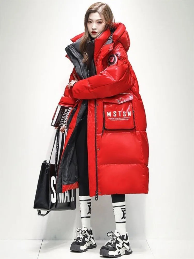 2025 Winter Glossy Waterproof X-long 90% White Duck Down Coat Women Thick Loose Outerwear Warm Down Jacket Hooded Parkas Coats