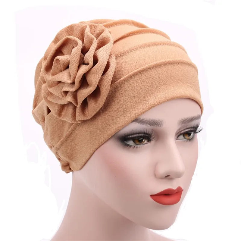 Muslim Fashion Solid Color Women Hijab Turban Beanie Hat Wth Flower Chemo Headwear Elastic Head Wrap Cap