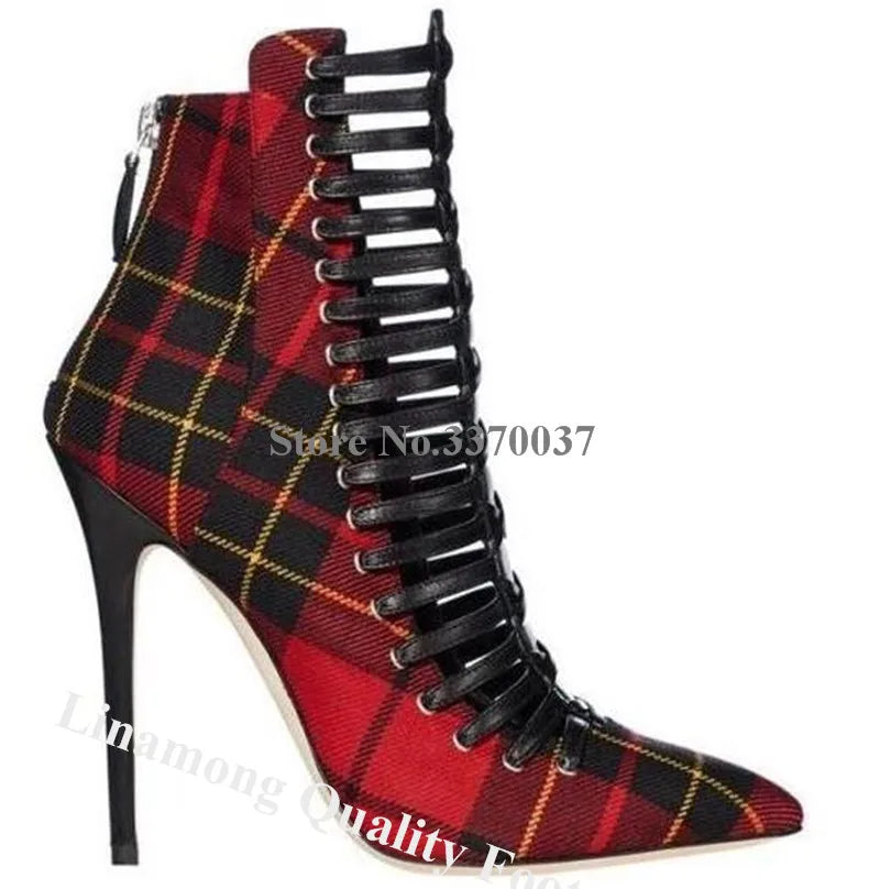 Red Plaid Short Boots Linamong Pointed Toe Cut-out Checkered Stiletto Heel Lace-up Ankle Booties Sexy Slim Dress Heels