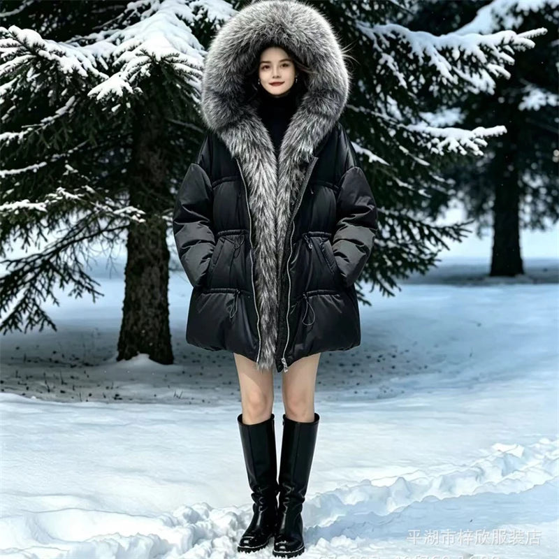 Winter New Arrival Women's Long down Jacket withLargeFox Fur Collar Fashionable Waist-Cinching Drawstring Loose Goose down Coat