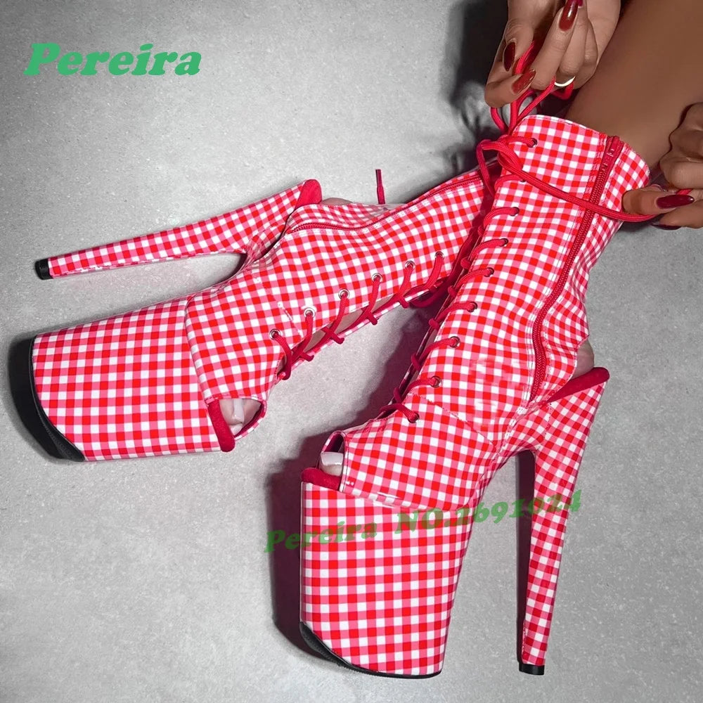 Red Gingham Peep-Toe Platform Ankle Boots Retro Cross Tied Stiletto High Heels Women's Sandals Lace-Up Pole Dance Shoes Zipper