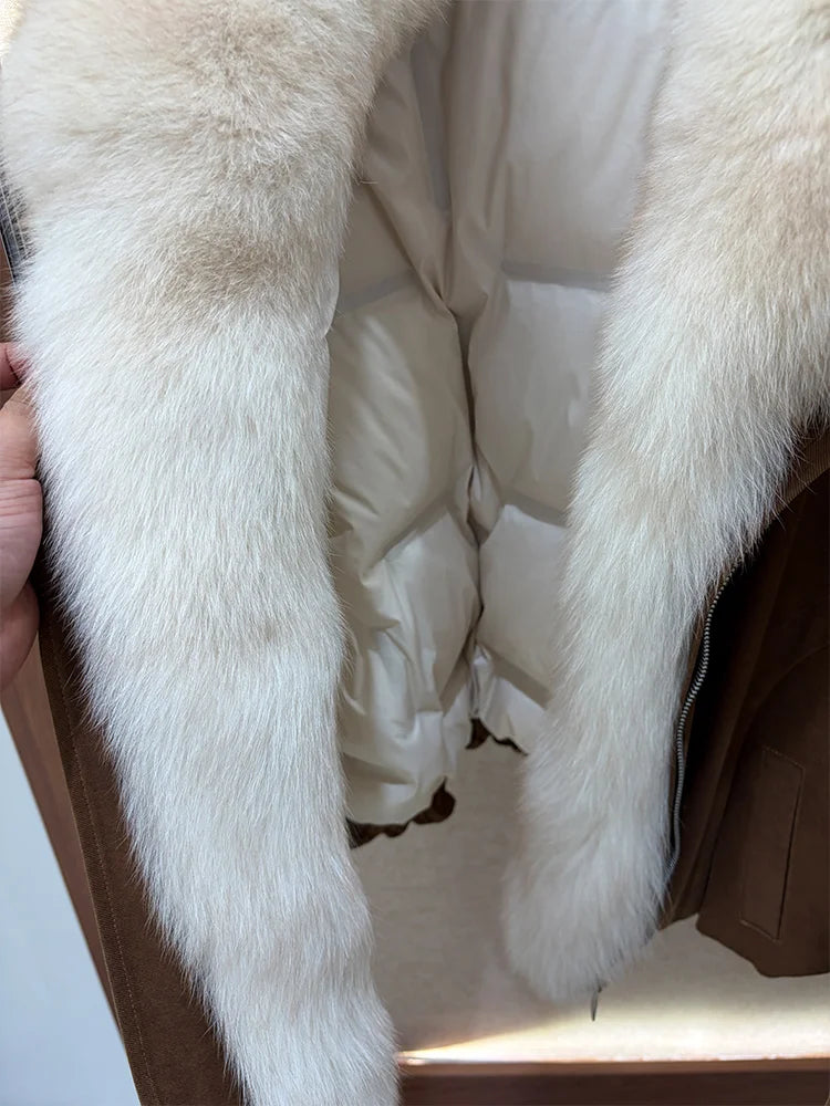 2026 New Winter Women Goose Down Jacket Natural Real Fox Fur Collar Coats Denim Puffer Jacket Outwear