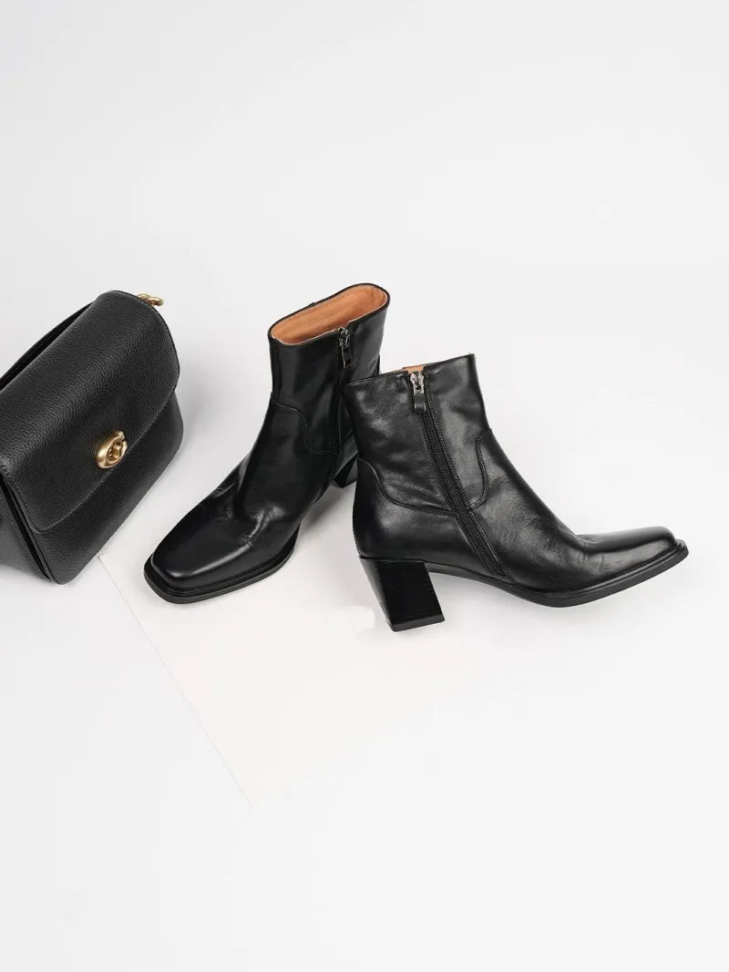 Elegant Office Ladies Chunky Heels Genuine Leather Short Boots Square Toe New Designer Shoes Women Vintage Cowhide Ankle Boots