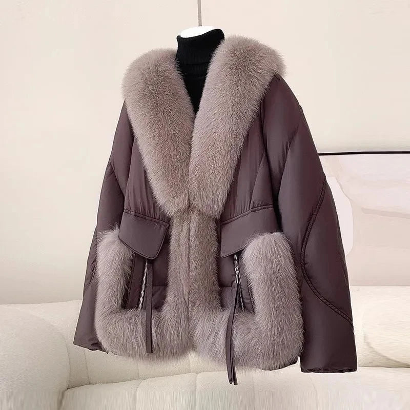 White Duck Down Coat Women Faux Fox Fur Collar Loose Thicken Parkas Warm Outwear 2026 Winter New Fashion Female Jacket
