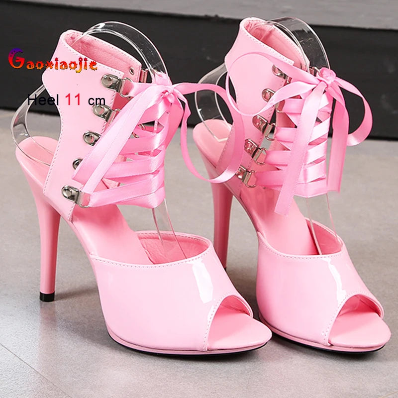 2025 New Sexy Pink High Heels 11cm Women's Shoes Fine Heels Round Head Ladies Pumps Ankle Lace-up Buckle Sandals Nightclub Shoes