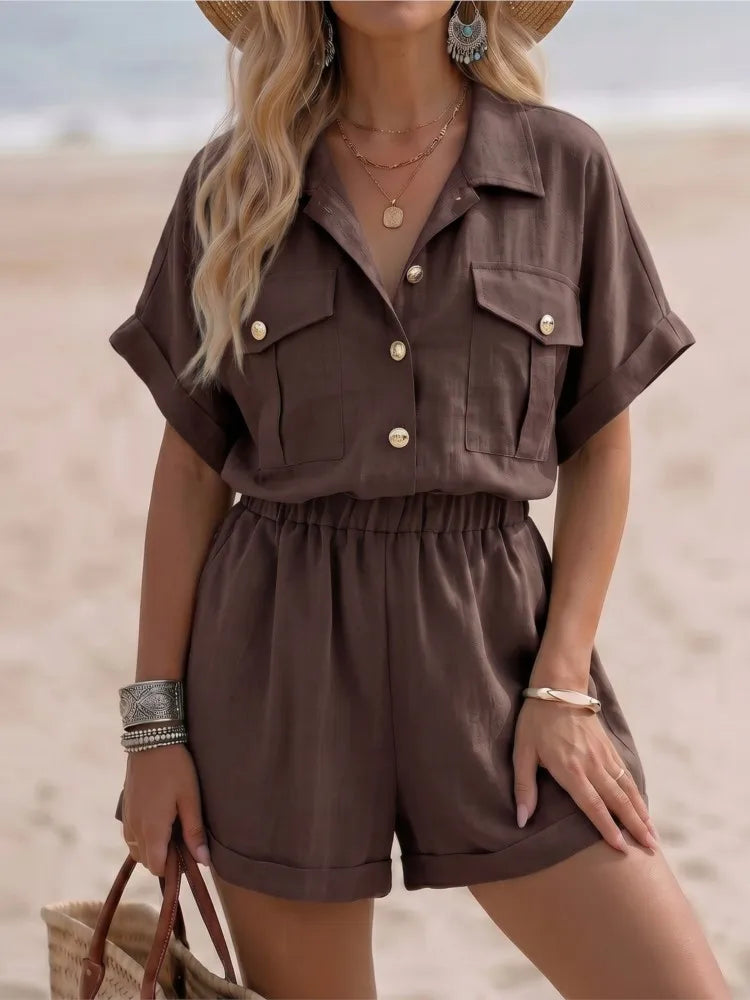 Summer New Casual Lapel Short-sleeved Jumpsuit Women's Fashion Pocket Wide-leg Shorts Female Sports Resort Rompers Shorts 2026