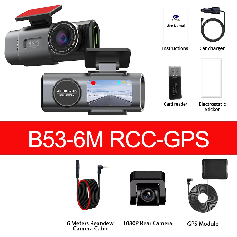 YanAbode 4K Car Dash Cam WiFi GPS Support Optional Rearview Camera Wide Angle Night Vision Car Video Recorder DVR