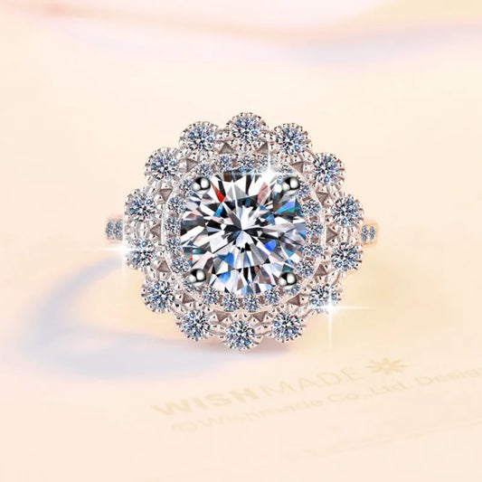 Women's Exaggerated Floral Head 3CT Moissanite Ring PT950 Platinum Band for Stylish Sparkling Party Engagement