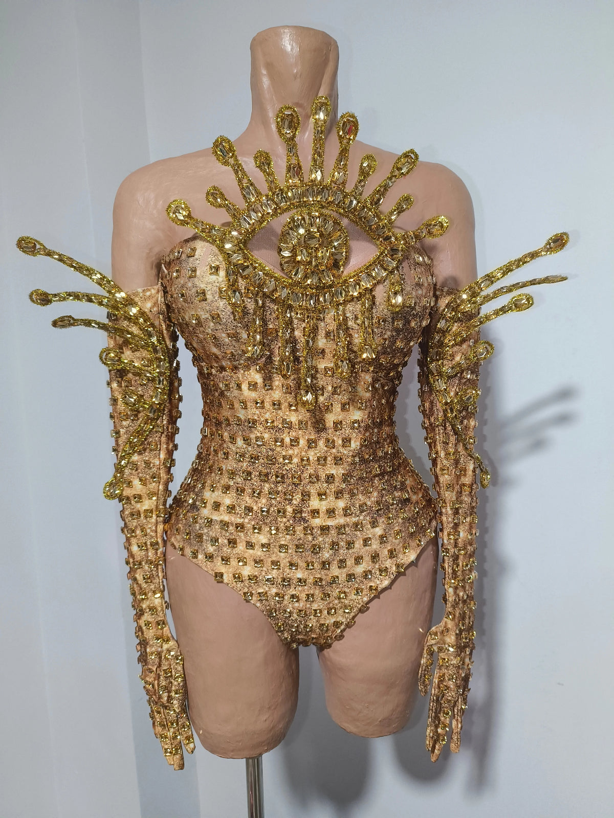 Sexy Sparkly Golden Rhinestones Eyes Stretch Bodysuit Women Eveing Birthday Party Nightclub Bar Singer Dancer DJ Stage Costume