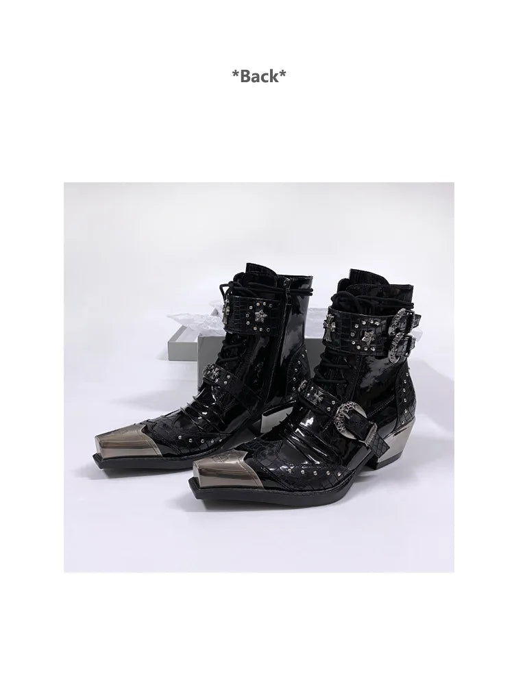 Gothic Punk Style Platform Couple Ankle Boots Designer Metal Decorative Belt Buckle Women Mans Motorcycle Booties Zapatos Hombre