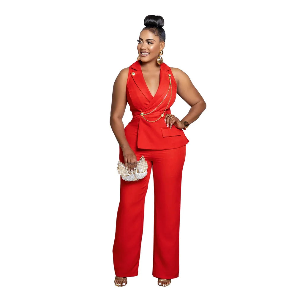 CMYAYA Elegant Womenv-neck High Waist Straight Sleeveless Blazer Jumpsuits 2024 Fall Street Chain Office Lady Party Rompers