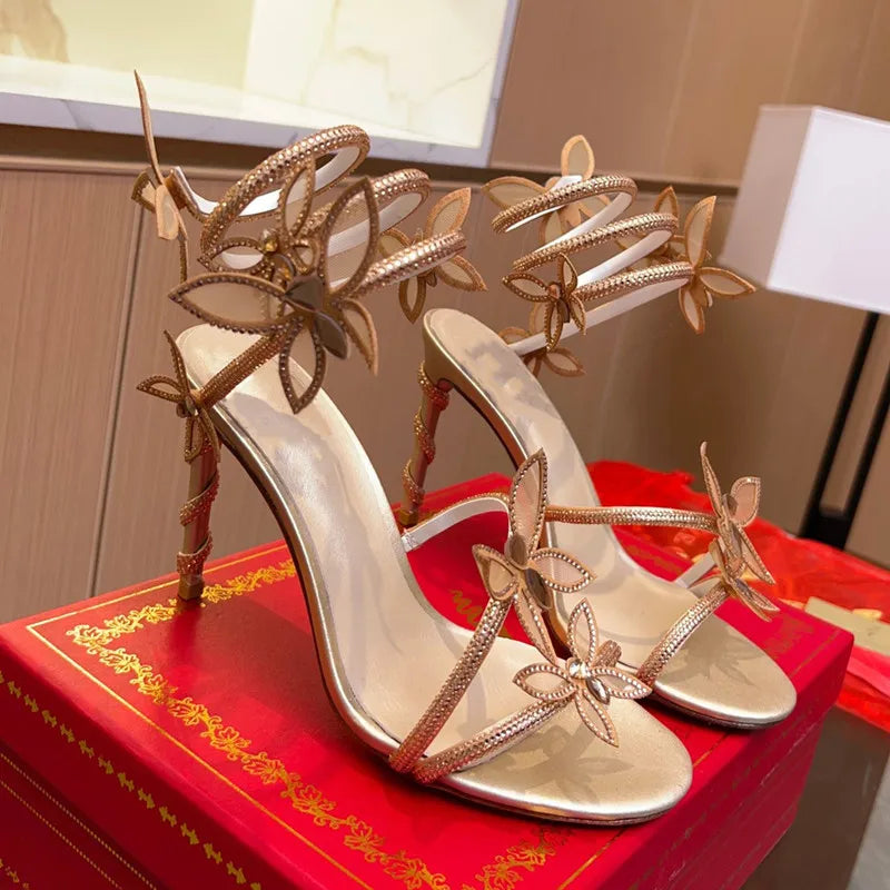 Luxury Crystal Embellished Butterfly Detail Women Sandals Sexy Coiled Strap Thin High heels Gladiator sandals Summer Party Shoes
