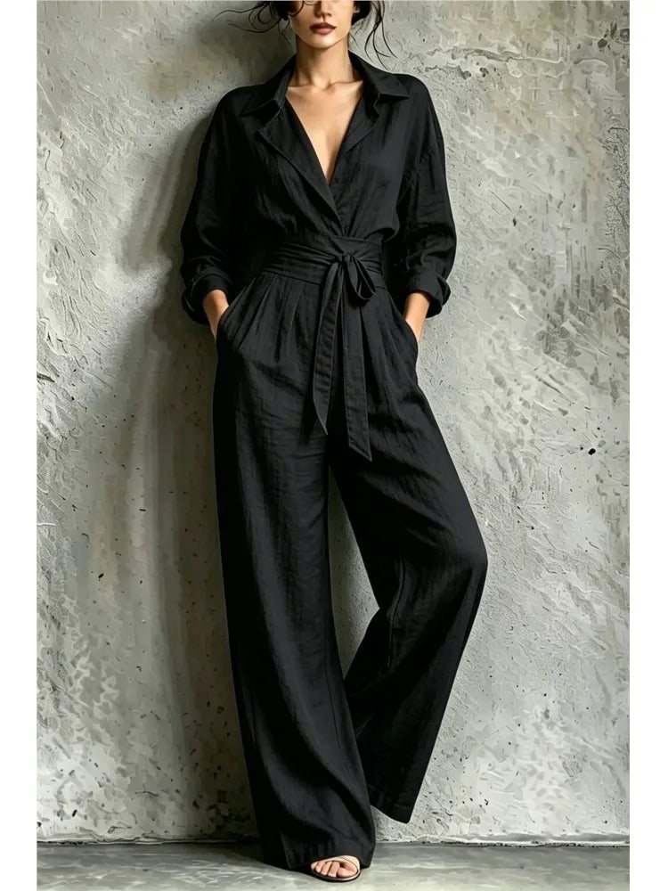 Fashion Lapel Shirt Long Sleeve Women's Jumpsuit Autumn Slim Waist Tie Loose Wide Leg Pants Pocket Female Office Rompers 2026