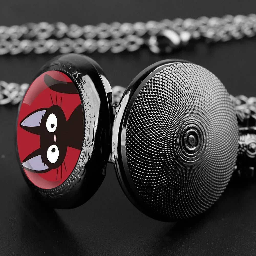 Anime Black Cat Glass Dome Quartz Pocket Watch Arabic Dial Vintage Men Women Necklace Pendant Creative Clock Children Gift
