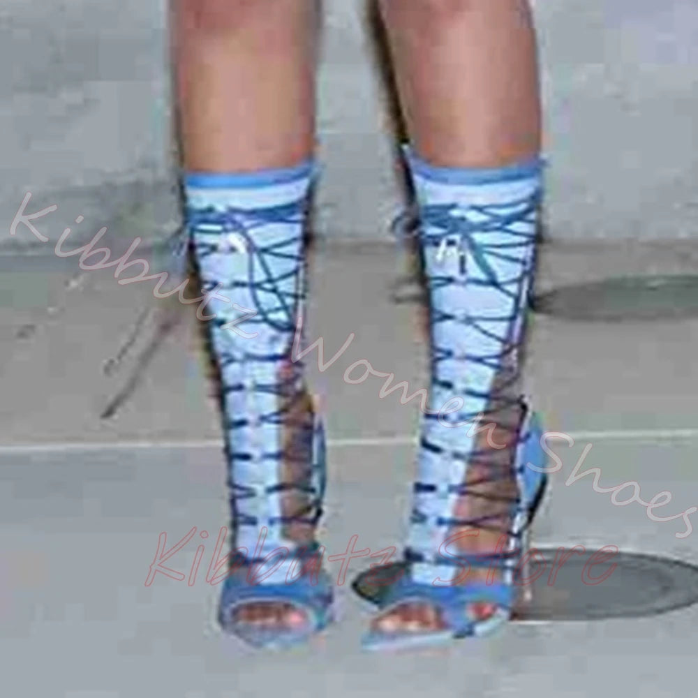 Knee High Gladiator Sandals Denim Leather Hollow Out Lace Up Open Toe Sexy Summer Leg Wrap Stiletto High Heels Fashion Shoes New