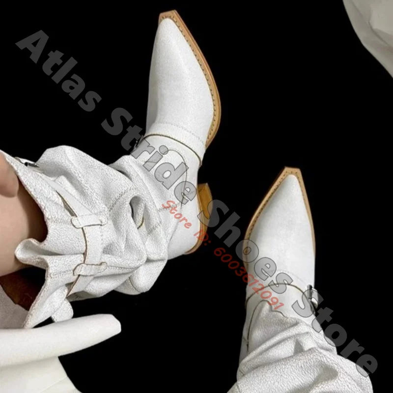 White Slouchy Cowboy Boots Pointed Toe Multi Buckle Strap Western Boots Vintage Stacked Block Heel Large Calf Fashion Party Boot