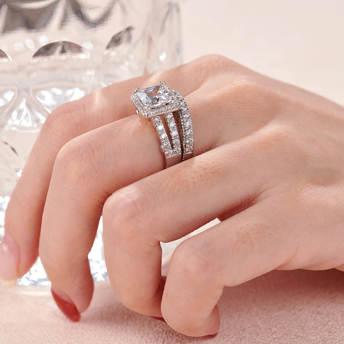 Newshe 2Pcs Solid 925 Sterling Silver Wedding Rings for Women Bridal Set 8*8mm 3CT Princess Cut 5A Cubic Zircon Fine Jewelry