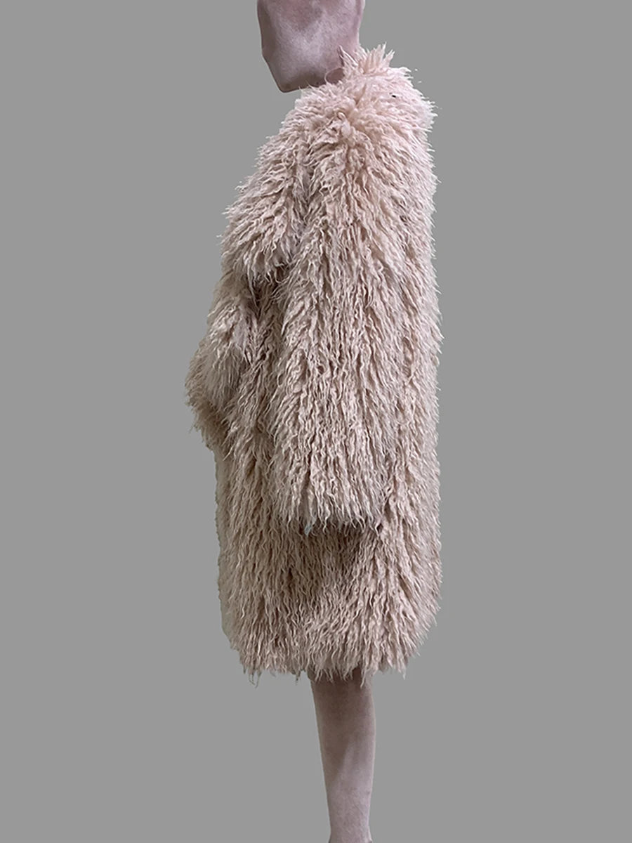 Lautaro Autumn Winter Long Oversized White Thick Warm Hairy Shaggy Fuzzy Faux Mongolian Fur Coat Women Pink Fluffy Overcoat