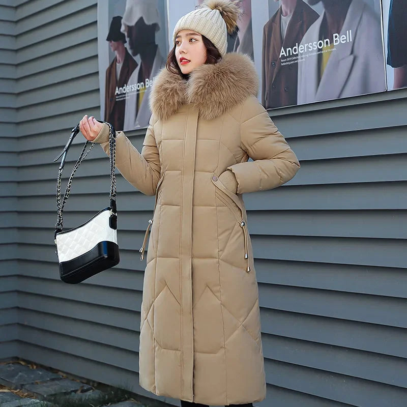 New Women's Winter Jacket 2026 Mid-length Fashion Slim Over Knee Fur Collar Thick Cotton Coat Elegant Gray Parka Woman Clothing