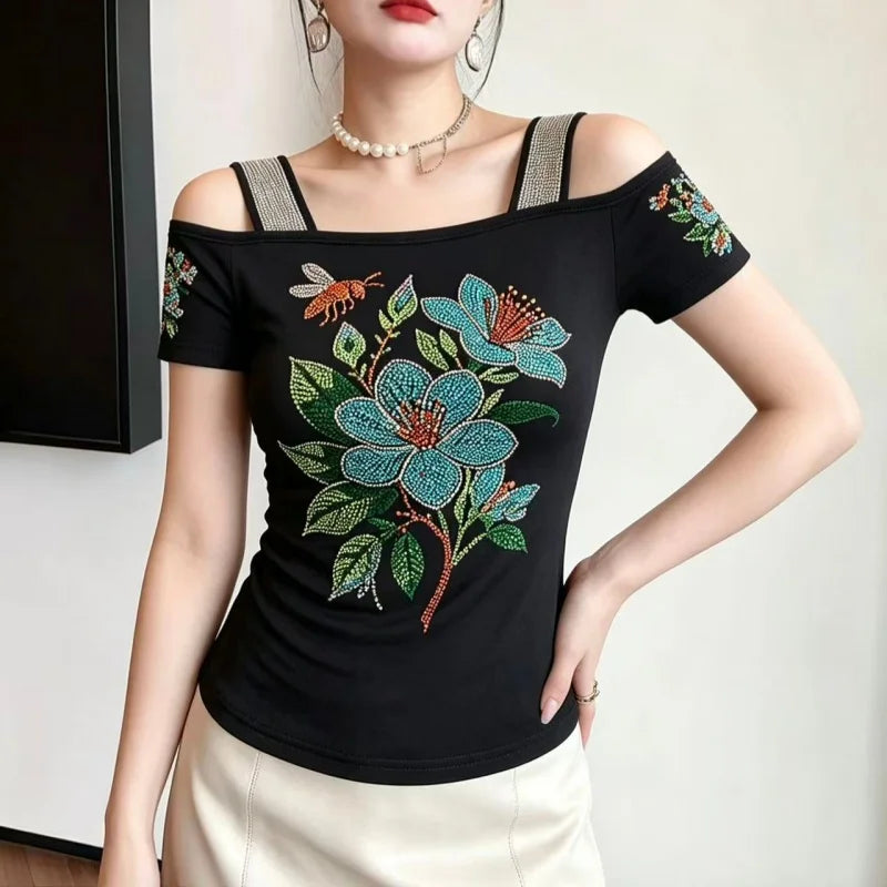 High Quality Elasticity Clothes Fashion T-Shirts Women's Sexy Off Shoulder Shiny Diamonds Mesh Tops Summer Tees Shirt