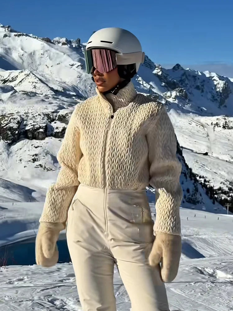 Fashion Women's Ski Jumpsuit High Neck Full Sleeve Knit Patchwork Straight Warm Thick Female Jumpsuits 2026 Winter Lady Skiwear