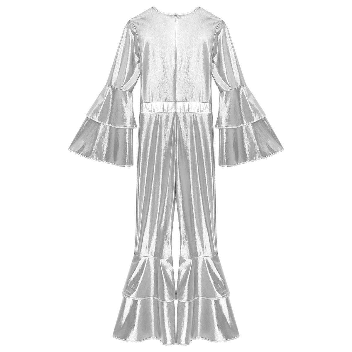 Womens 70S Disco Vintage Jumpsuit Metallic Shiny Flare Sleeve Bodysuit Hippie Bell Bottom Jazz Dance Carnival Rave Party Costume