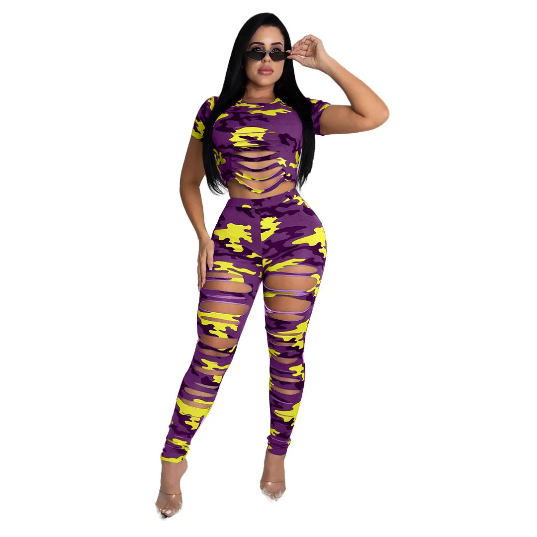 Wmstar Women Two Piece Set Summer Sexy Sport Fashion Casual Ripped Sweatshirt Sweat Camouflage Print Pant Sets Outfit Tracksuit