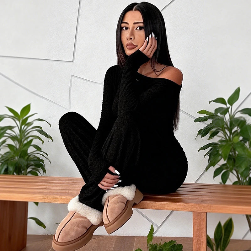 European American Autumn Fashion Casual Comfortable Slim Fit Sloping Shoulder Long Sleeved Women's Solid Color Long Jumpsuit