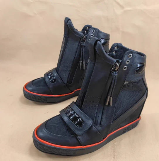 Mesh Net Height Increasing Ankle Boot 8CM Round Toe Hook Loop Leisure Shoes Zipper Rubber Sole Wedge Shoes Black White