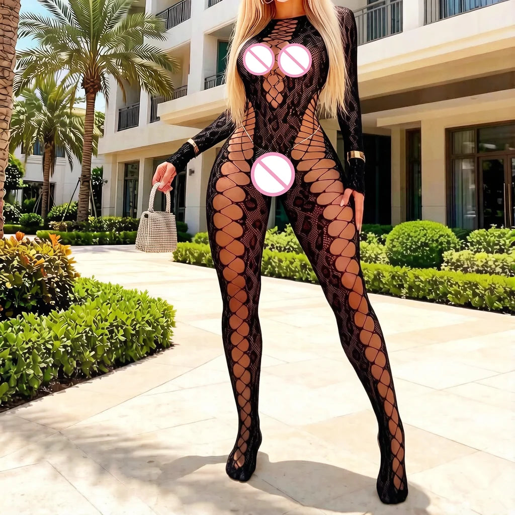 Sexy Long Sleeve Bodysuit Women Black Floral Lace See Through Backless Sheer Mesh Jumpsuit Slim Bodycon Lingerie Exotic Apparel