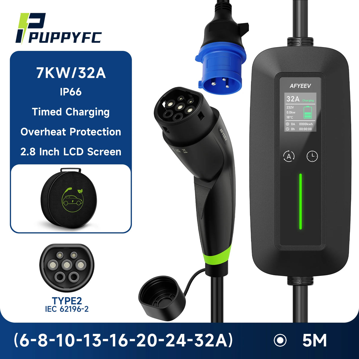 Puppyfc 7KW EV Charger Portable Cable Type2 IEC62196-2 Type1/GBT Electric Car Wallbox Home 32A Charging Station CEE Plug
